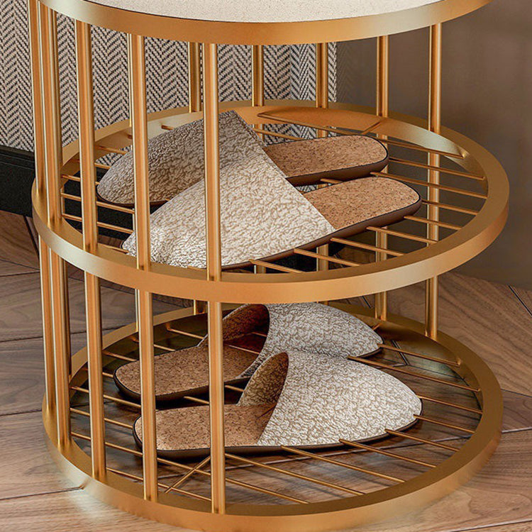 Industrial Cylinder Shape Ottoman Plain Velvet Metal Frame Shelved Storage Pouf