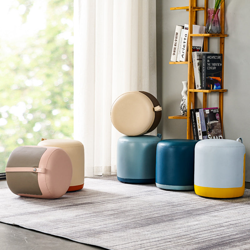 Modern Cylinder Shape Pouf Chair Contrast Color PU Leather Water Resistant Boucle Pouf