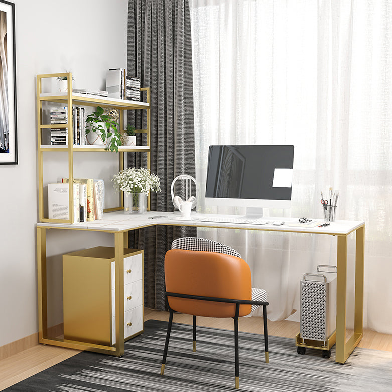 Glam Sintered Stone Desk L-Shape Bedroom White Writing Desk with Gold Steel Leg