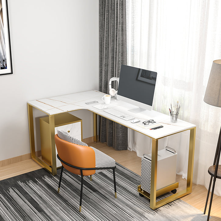 Glam Sintered Stone Desk L-Shape Bedroom White Writing Desk with Gold Steel Leg