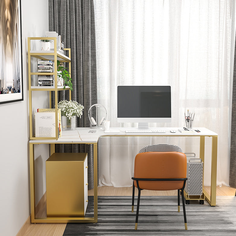 Glam Sintered Stone Desk L-Shape Bedroom White Writing Desk with Gold Steel Leg