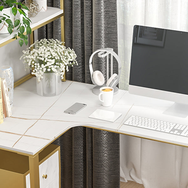 Glam Sintered Stone Desk L-Shape Bedroom White Writing Desk with Gold Steel Leg