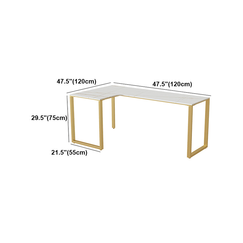 Glam Sintered Stone Desk L-Shape Bedroom White Writing Desk with Gold Steel Leg