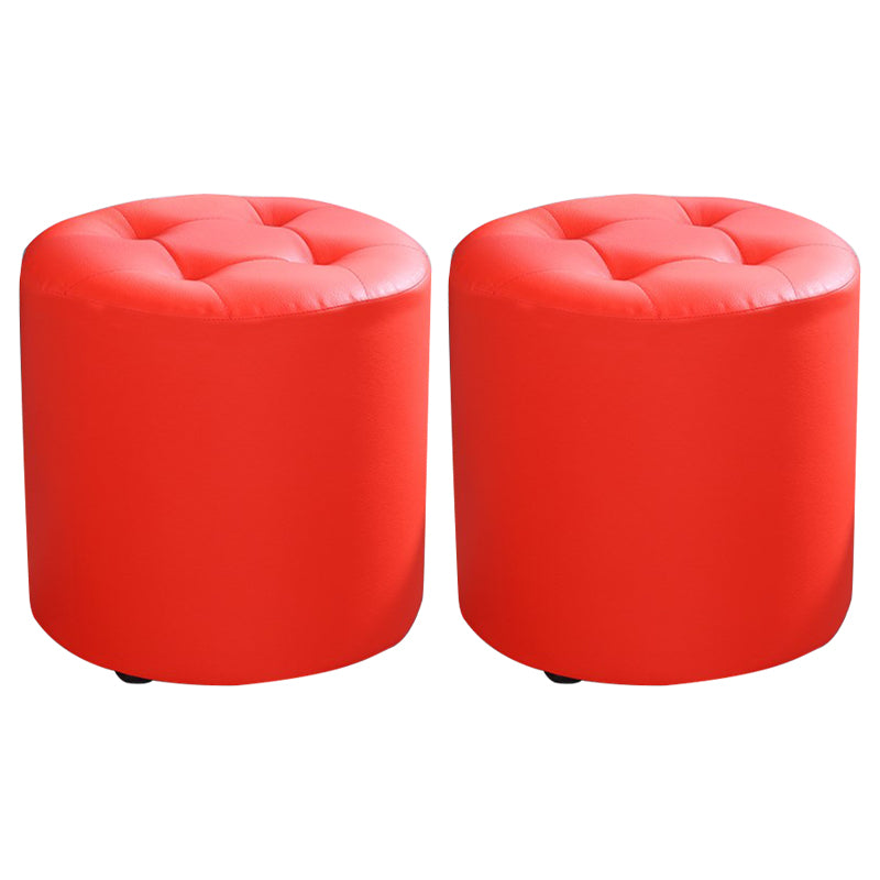 Modern Cylinder Shape Boucle Pouf Plain PU Leather Tufted Ottoman Footrest