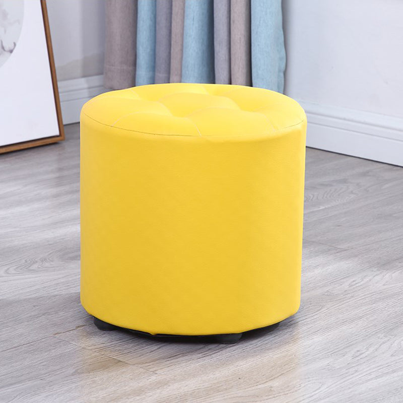 Modern Cylinder Shape Boucle Pouf Plain PU Leather Tufted Ottoman Footrest