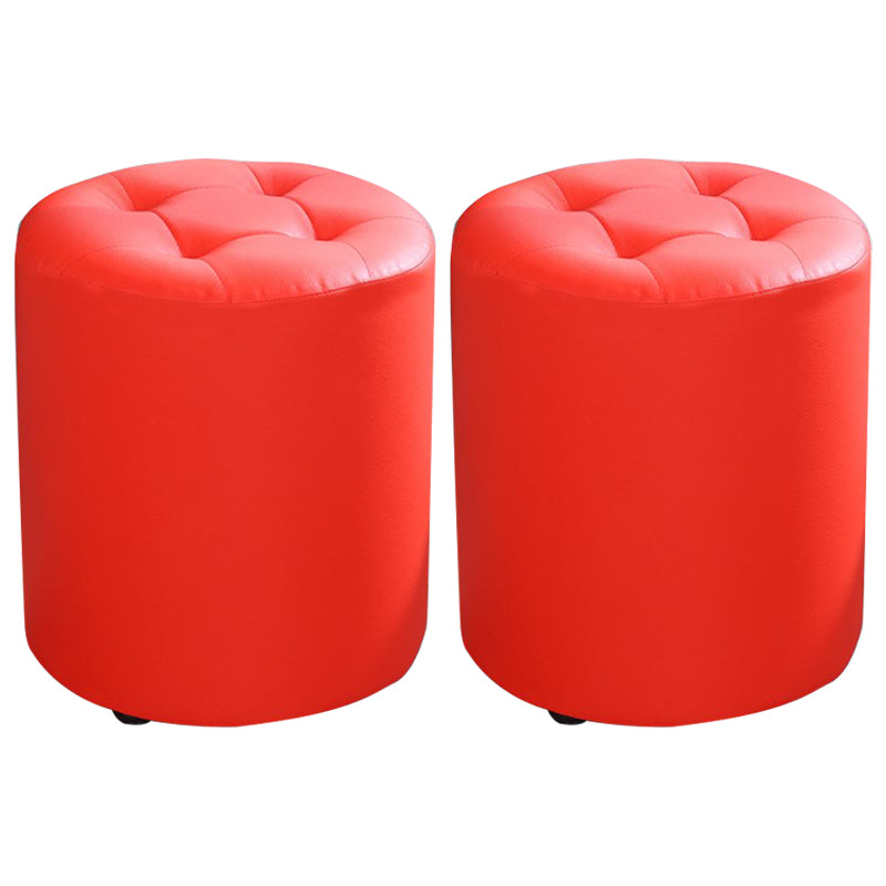 Modern Cylinder Shape Boucle Pouf Plain PU Leather Tufted Ottoman Footrest
