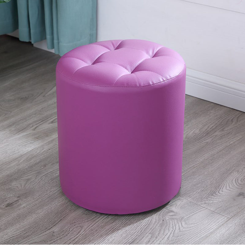Modern Cylinder Shape Boucle Pouf Plain PU Leather Tufted Ottoman Footrest