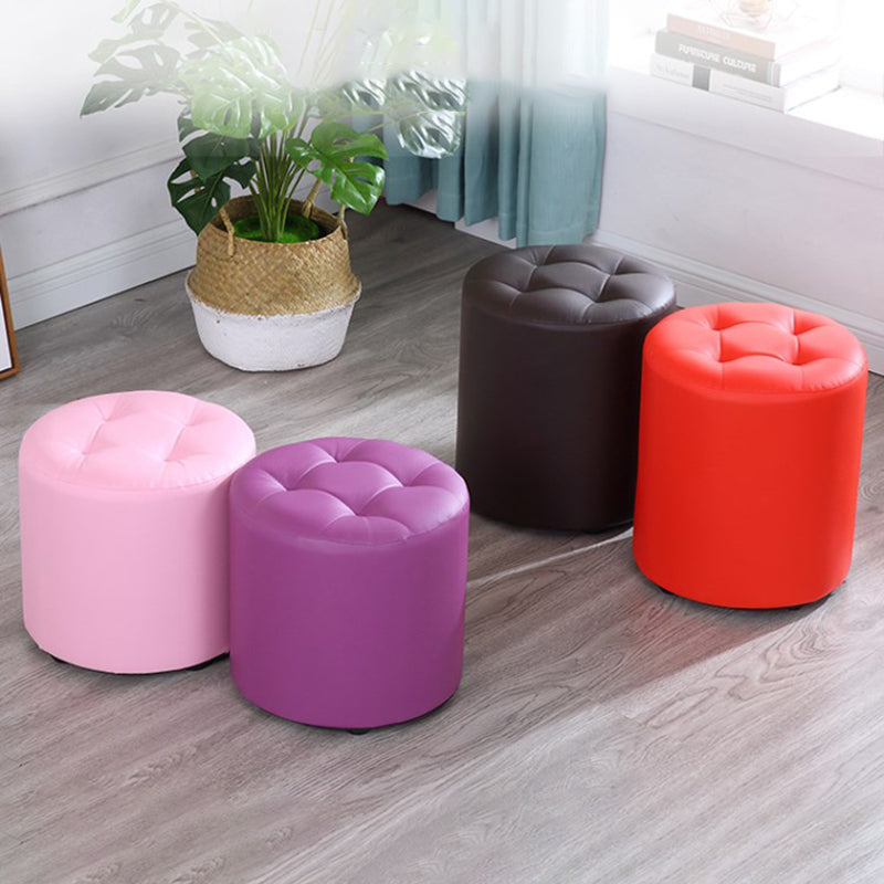 Modern Cylinder Shape Boucle Pouf Plain PU Leather Tufted Ottoman Footrest