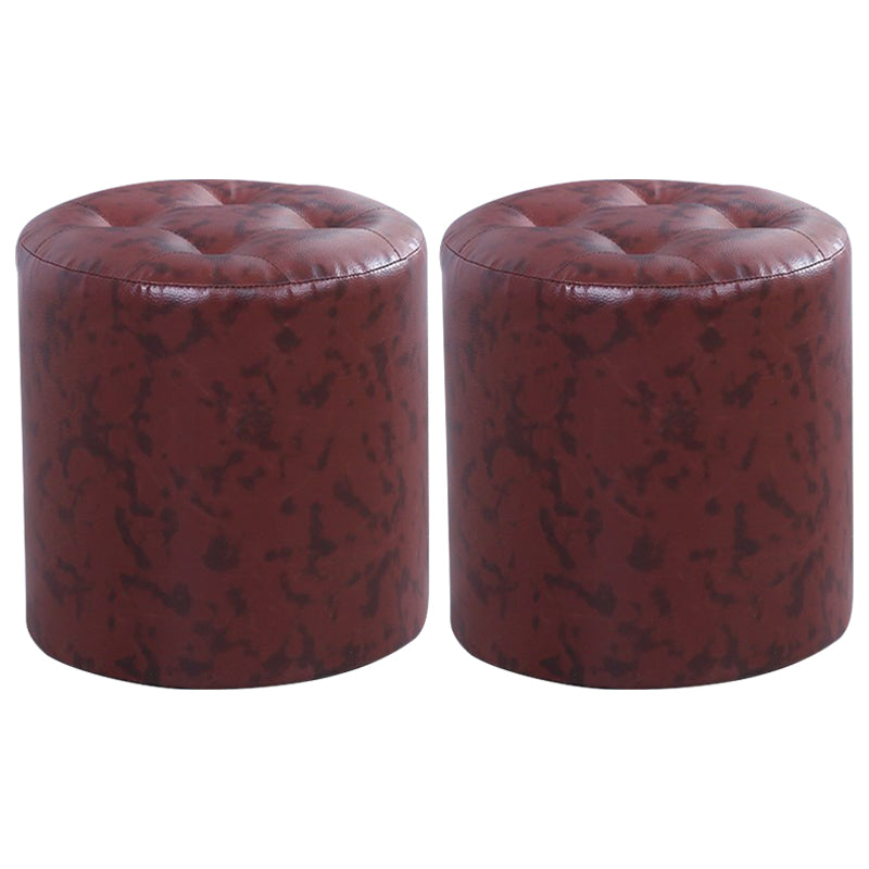 Modern Cylinder Shape Boucle Pouf Plain PU Leather Tufted Ottoman Footrest