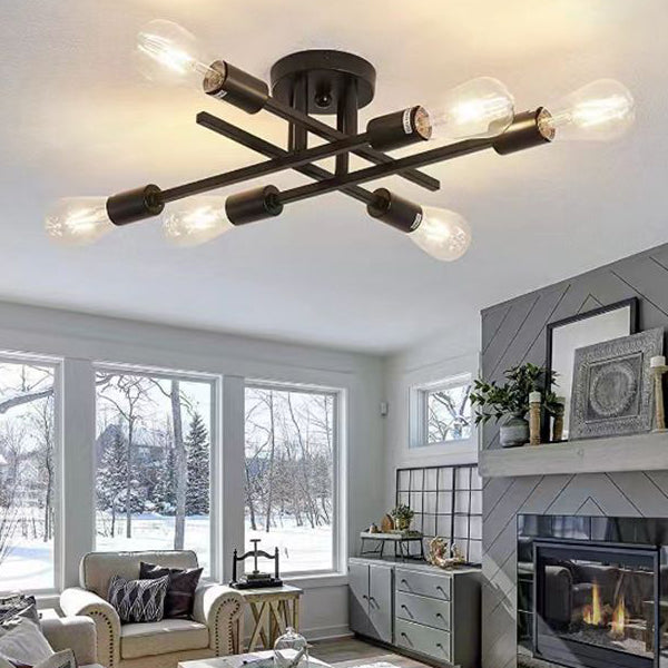 Black Radial Ceiling Light Bare Bulb Semi Flush Mount for Interior Spaces