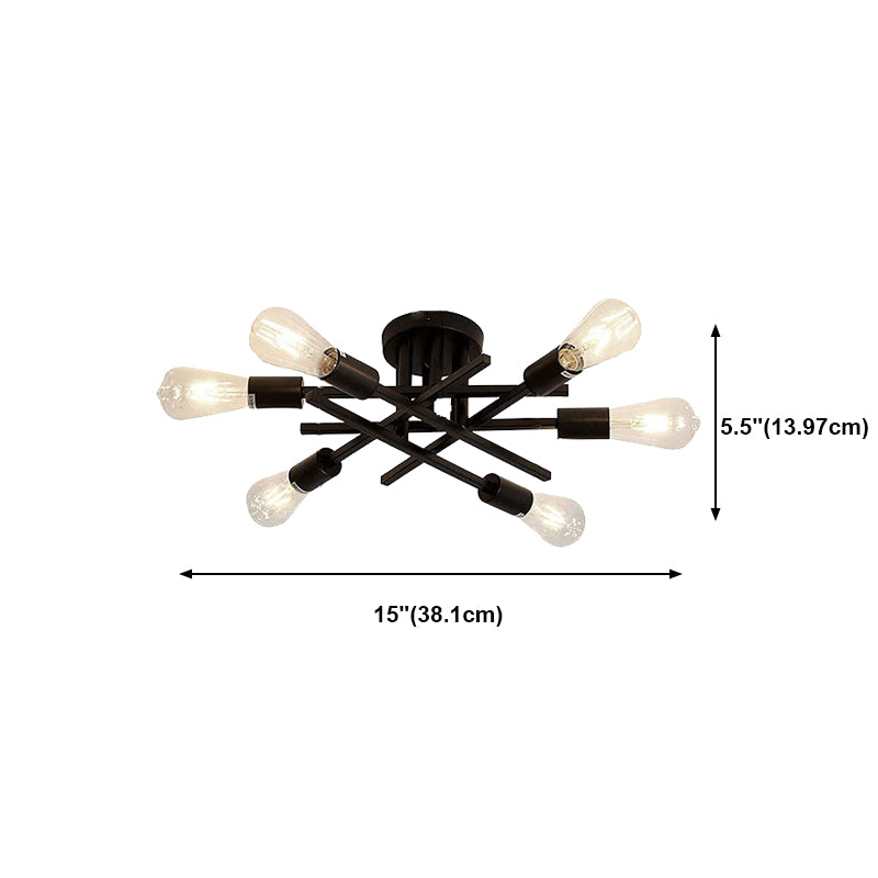 Black Radial Ceiling Light Bare Bulb Semi Flush Mount for Interior Spaces