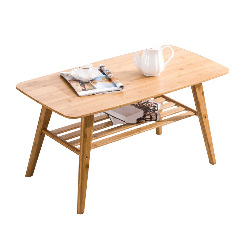 Nordic Style Rectangular Solid Wood Table with Storage Shelf 4 Legs Base Coffee Table
