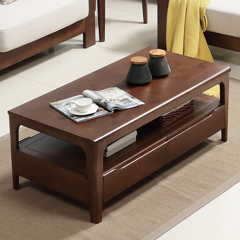Rectangular 4 Legs Base with Drawers Solid Wood Table Nordic Style Coffee Table