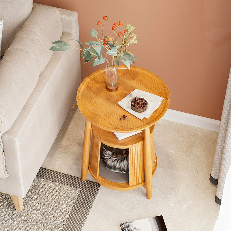 Scandinavian Round Solid Wood Top Side Table 23.6-inch 3 Legs End Table with Storage