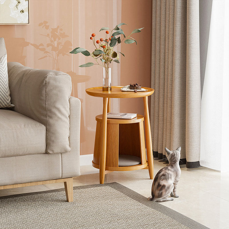 Scandinavian Round Solid Wood Top Side Table 23.6-inch 3 Legs End Table with Storage
