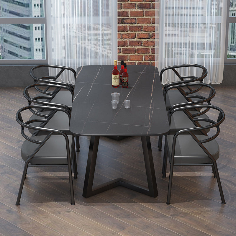 Sintered Stone Black Dining Table Industrial Rectangle Dining Table with Metal Base