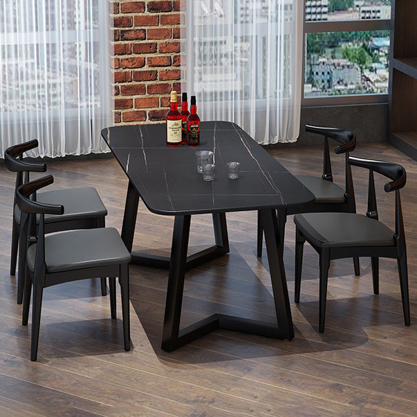 Sintered Stone Black Dining Table Industrial Rectangle Dining Table with Metal Base