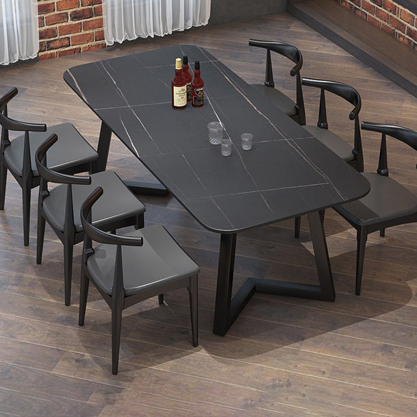 Sintered Stone Black Dining Table Industrial Rectangle Dining Table with Metal Base