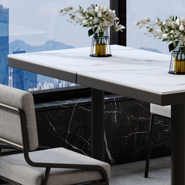 Metal Industrial Square Dining Table Sintered Stone Top Table with Black Pedestal