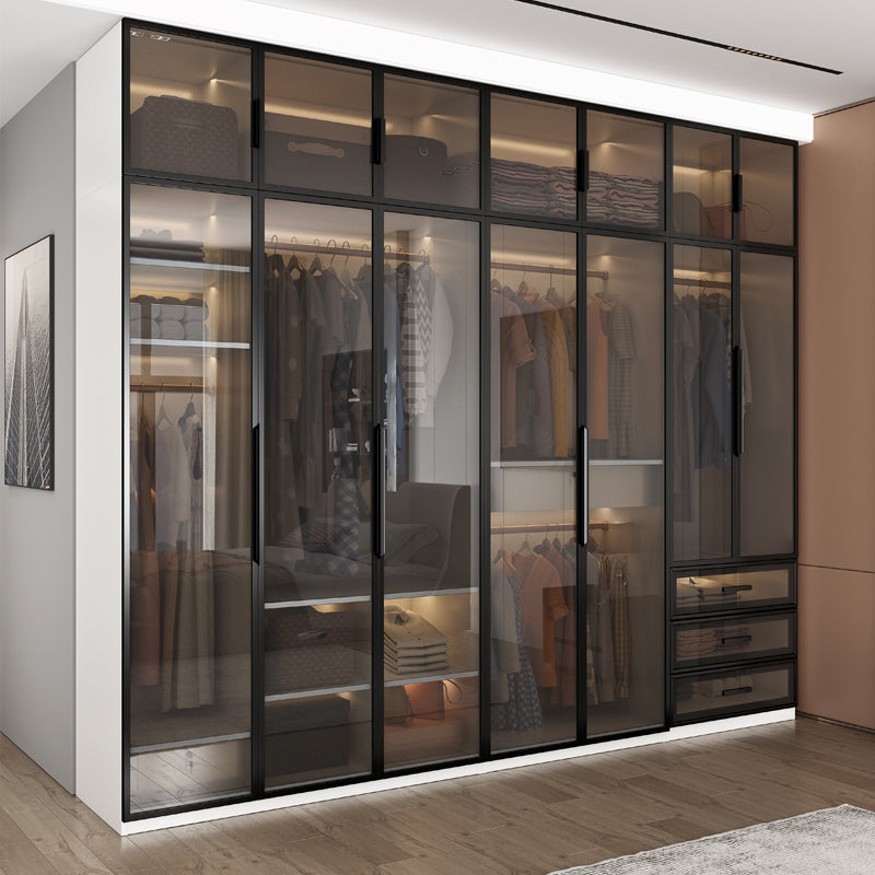 Brown Glass Door Wardrobe for Home Contemporary Hinged Door Storage Cabinet