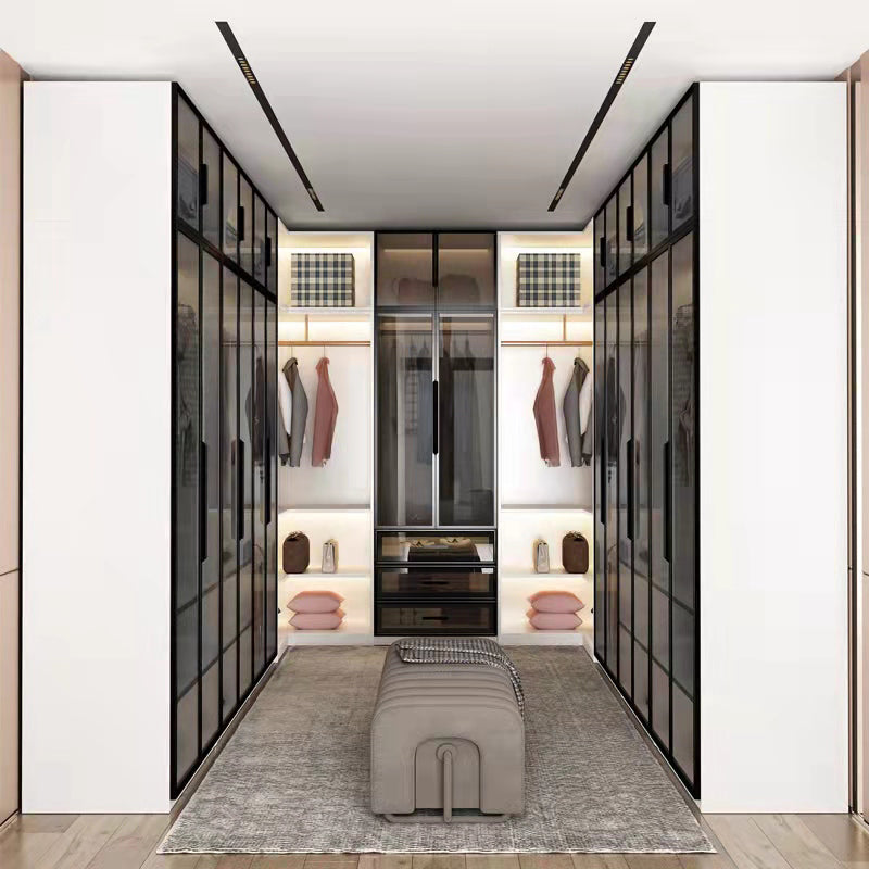 Brown Glass Door Wardrobe for Home Contemporary Hinged Door Storage Cabinet