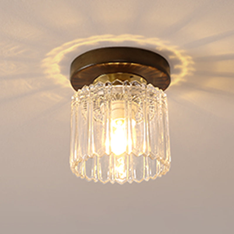 Modern Wood Ceiling Light Geometric Shape Flush Mount with Glass Shade for Living Room