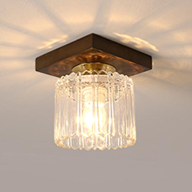 Modern Wood Ceiling Light Geometric Shape Flush Mount with Glass Shade for Living Room