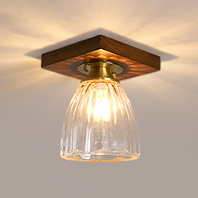 Modern Wood Ceiling Light Geometric Shape Flush Mount with Glass Shade for Living Room