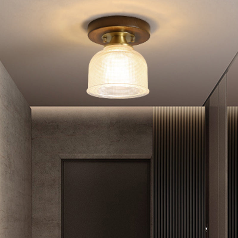 Modern Wood Ceiling Light Geometric Shape Flush Mount with Glass Shade for Living Room
