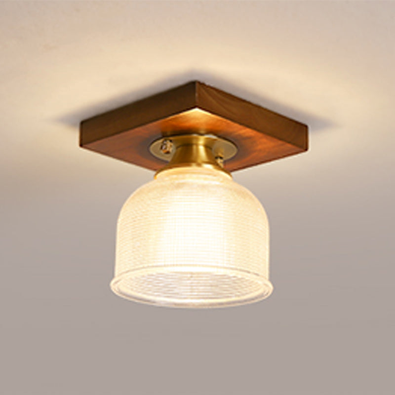 Modern Wood Ceiling Light Geometric Shape Flush Mount with Glass Shade for Living Room