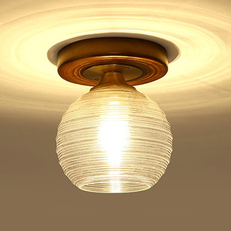 Modern Wood Ceiling Light Geometric Shape Flush Mount with Glass Shade for Living Room