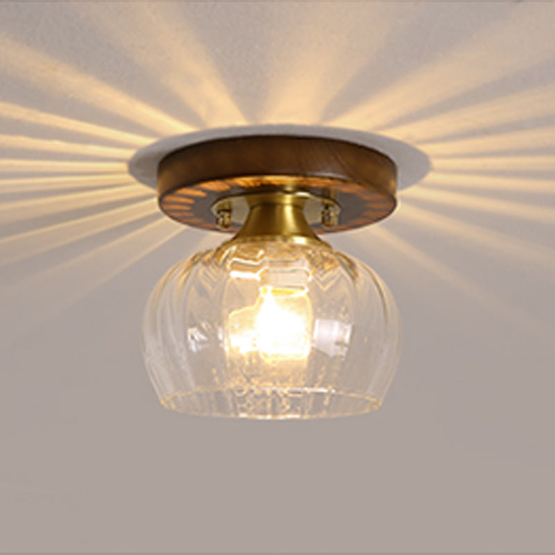 Modern Wood Ceiling Light Geometric Shape Flush Mount with Glass Shade for Living Room
