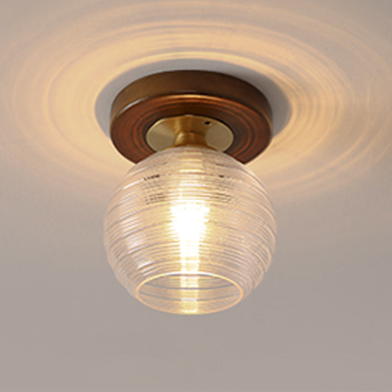 Modern Wood Ceiling Light Geometric Shape Flush Mount with Glass Shade for Living Room