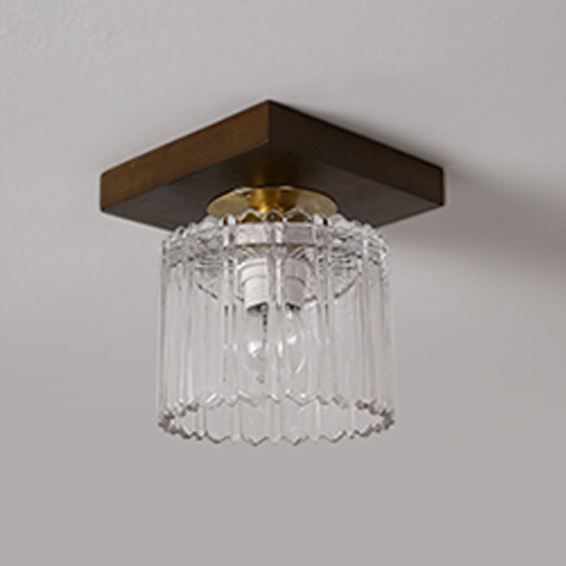 Modern Wood Ceiling Light Geometric Shape Flush Mount with Glass Shade for Living Room