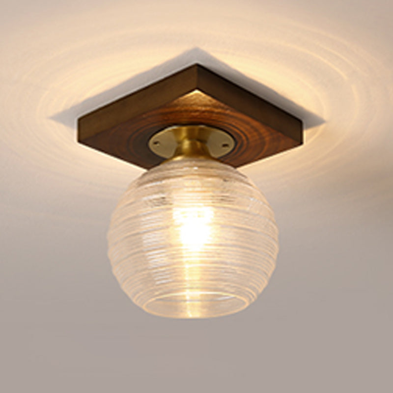 Modern Wood Ceiling Light Geometric Shape Flush Mount with Glass Shade for Living Room
