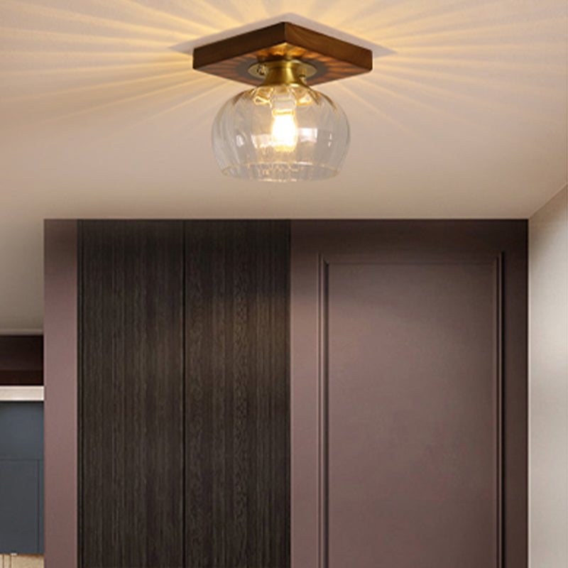 Modern Wood Ceiling Light Geometric Shape Flush Mount with Glass Shade for Living Room