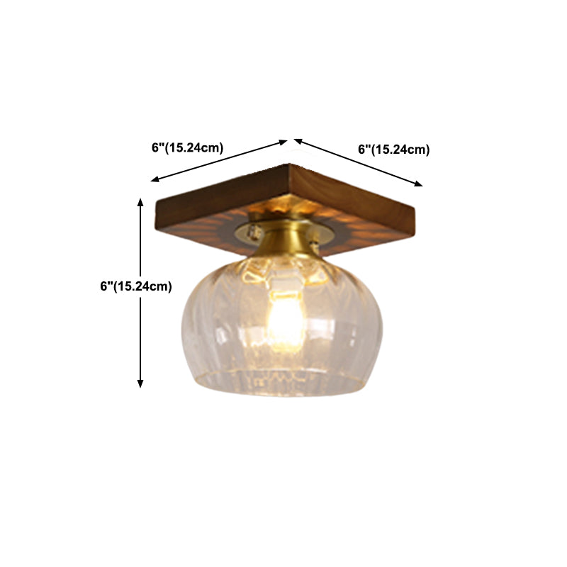 Modern Wood Ceiling Light Geometric Shape Flush Mount with Glass Shade for Living Room