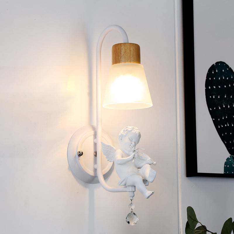 Modern Kids Wood Wall Sconce Geometric Shape Metal Wall Light with Glass Shade for Bedroom