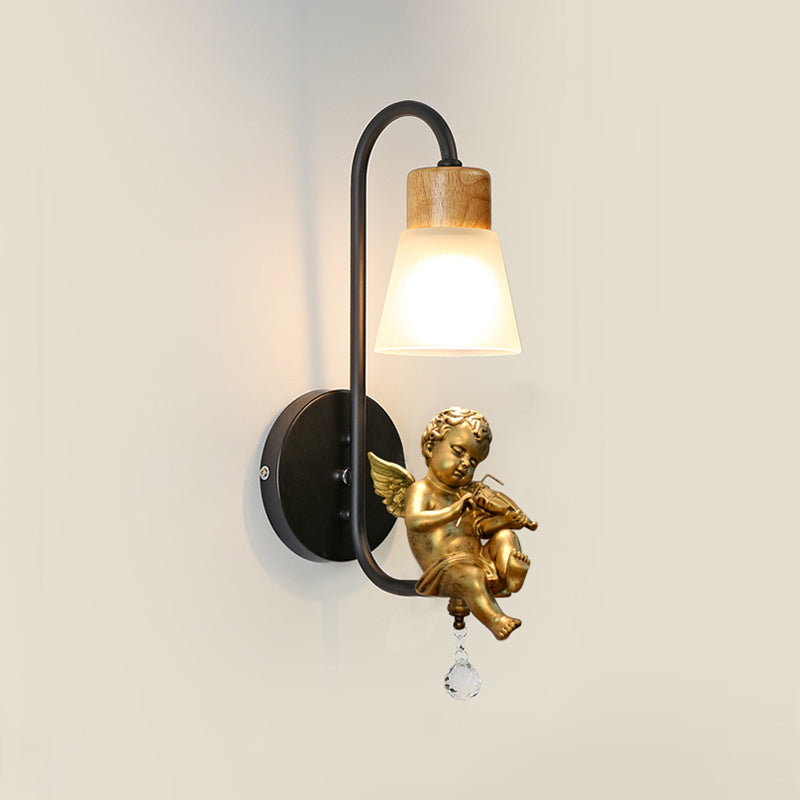 Modern Kids Wood Wall Sconce Geometric Shape Metal Wall Light with Glass Shade for Bedroom