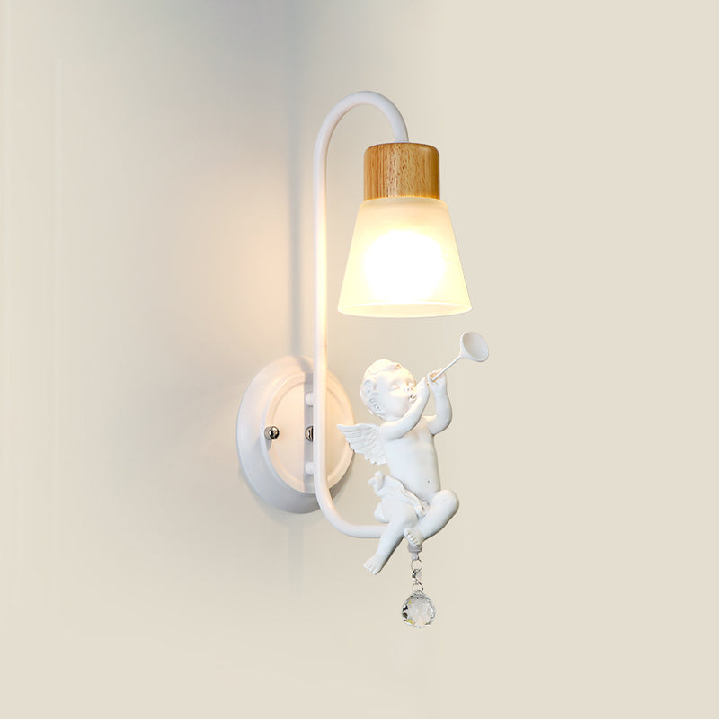 Modern Kids Wood Wall Sconce Geometric Shape Metal Wall Light with Glass Shade for Bedroom