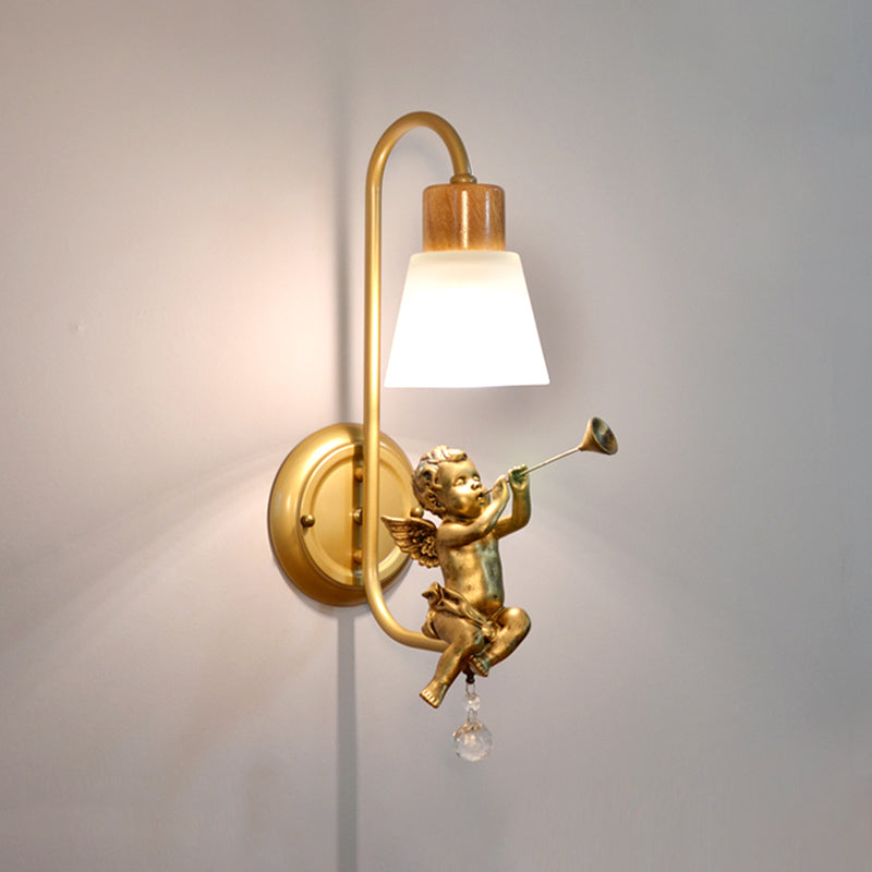 Modern Kids Wood Wall Sconce Geometric Shape Metal Wall Light with Glass Shade for Bedroom