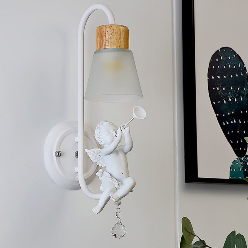 Modern Kids Wood Wall Sconce Geometric Shape Metal Wall Light with Glass Shade for Bedroom