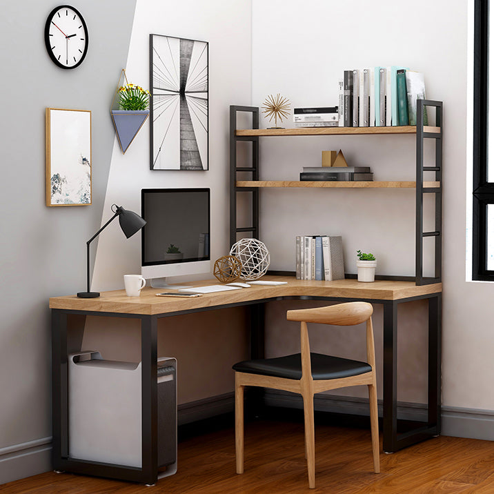Corner Pine Wood Writing Desk Contemporary H-Shape Base Desk with Shelf