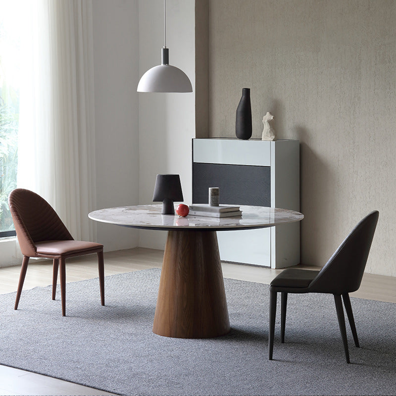 Stone Top Dining Table Modern Round Dining Table with Wood Pedestal Base without turntable