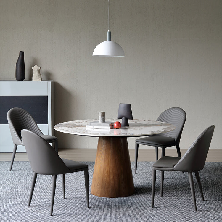 Stone Top Dining Table Modern Round Dining Table with Wood Pedestal Base without turntable