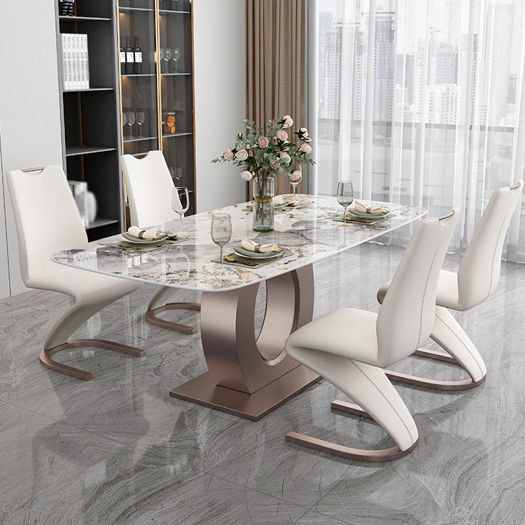 Luxury Sintered Stone Top Table Rectangle Table with Single Pedestal in Rose Gold