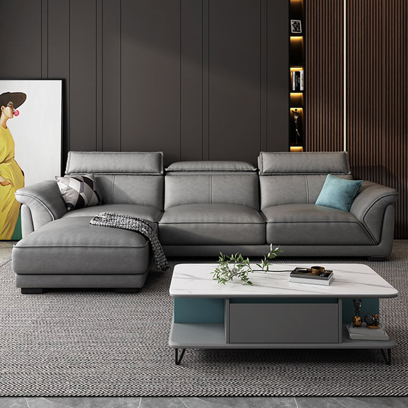 Gray Faux Leather Sofa & Chaise Modern Biscuit Back Sofa - 33.46" H