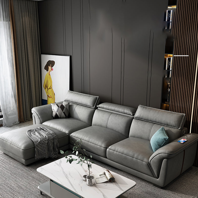 Gray Faux Leather Sofa & Chaise Modern Biscuit Back Sofa - 33.46" H