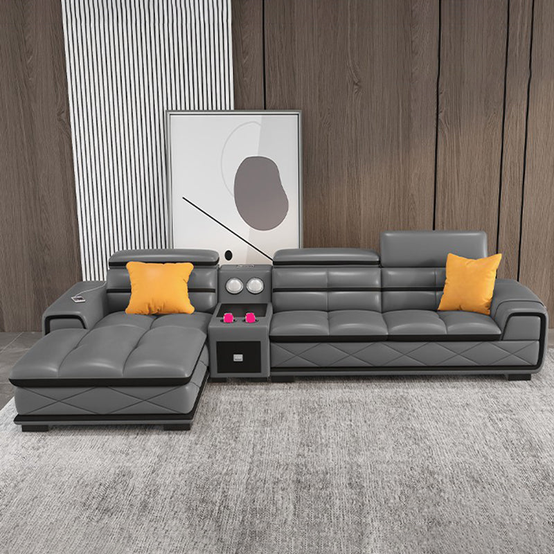 Contemporary Cloud Gray Square Arm Stationary Genuine Leather Sofa