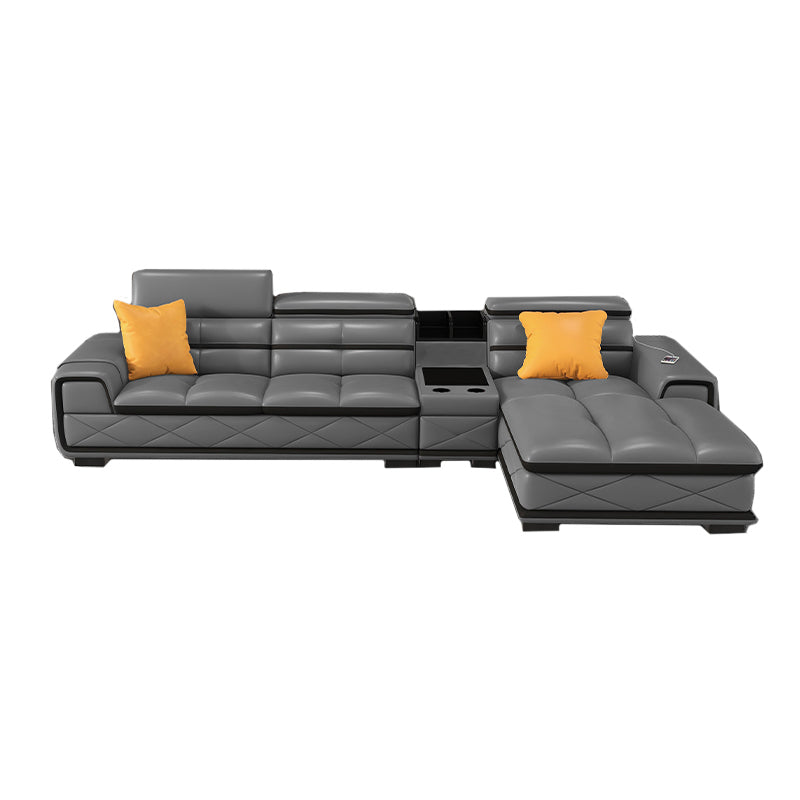 Contemporary Cloud Gray Square Arm Stationary Genuine Leather Sofa